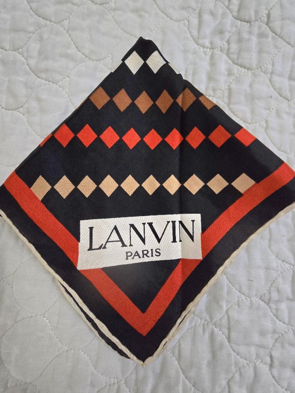 Vtg Lanvin 100% Silk Scarf Rust/Orange Navy Tan Ecru French Geometric 26" X 26".